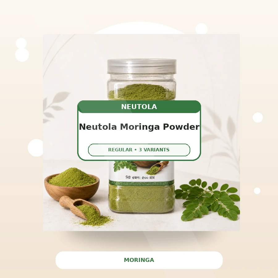 Neutola Moringa Powder 500g jar with wooden bowl and fresh moringa leaves
